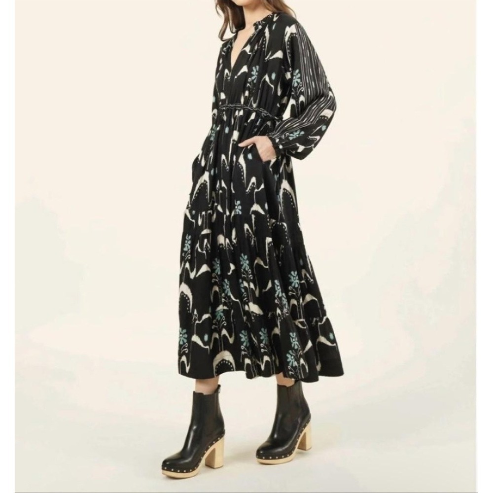 Omika Misha Midi Dress Womens M Black Ikat Fit Flare Long Sleeve Pockets Boho